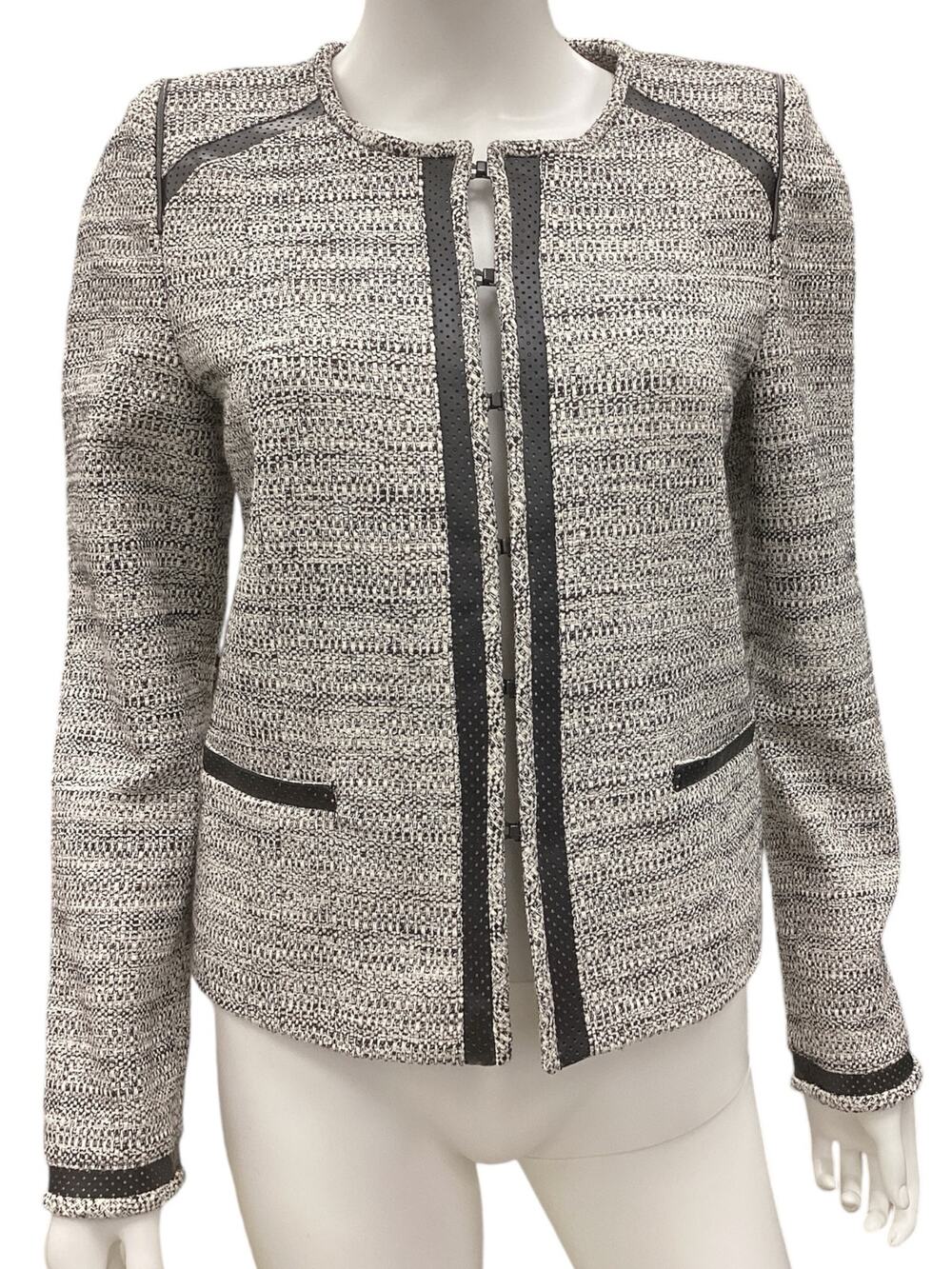 Gerard Darel Blazer Women’s Size Medium Tweed with Leather Trim in Black & White